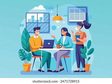 people sitting at desk with laptops, working together, discussing start-up. Meeting of colleagues. Coworking, teamwork concept. vector cartoon style  illustrator