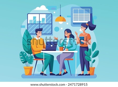 people sitting at desk with laptops, working together, discussing start-up. Meeting of colleagues. Coworking, teamwork concept. vector cartoon style  illustrator