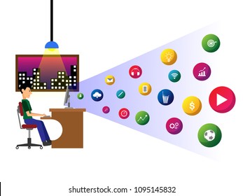people sitting at desk and working on computer and imagine to symbol benefits of using the internet