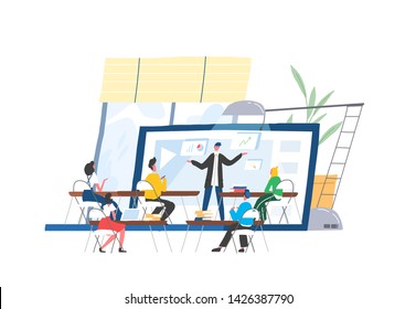 People sitting at desks in front of lecturer or speaker displaying on screen of giant laptop. Webinar, webcast, web conference, online course, internet education. Modern flat vector illustration.