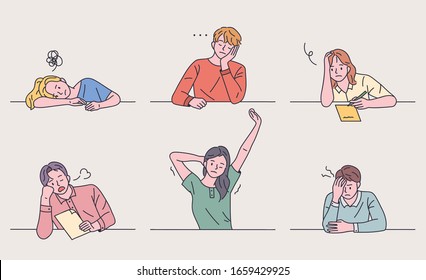 People are sitting at desks with tired expressions. flat design style minimal vector illustration.