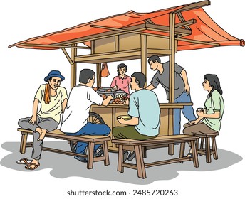 people sitting and discussing on the traditional warung