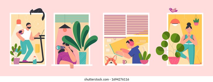 People are sitting and doing about their business. Socially isolated homes to prevent epidemics. Windows concept. 