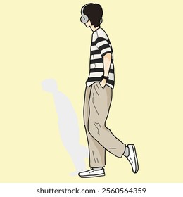 a people sitting and earphone in head