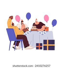 People sitting at the festive table with gifts. Family in party hats celebrates birthday. Friends congratulate, applause. Girl blows candles, makes wishes. Flat isolated vector illustration on white