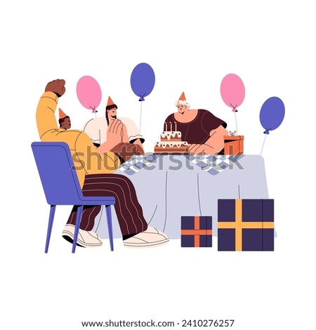 People sitting at the festive table with gifts. Family in party hats celebrates birthday. Friends congratulate, applause. Girl blows candles, makes wishes. Flat isolated vector illustration on white