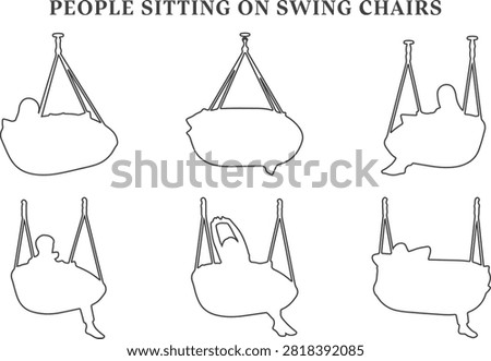 People Sitting in Hanging Swing Chair Line Art Vector Outline Set Reading Sleeping Using Laptop Drinking Tea Stretching and Relaxing