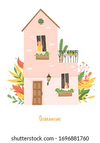 People are sitting at home, inscription quarantine. Woman and cat at the window