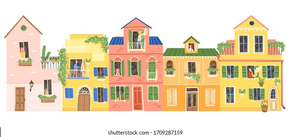 People are sitting at home in multi-colored buildings, woman and cat at the window, the artist draws on the balcony, the girl in the window, the man sings, the man is playing the saxophone.