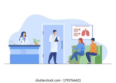 People sitting in hospital corridor and waiting for doctor. Patient, clinic, visit flat vector illustration. Medicine and healthcare concept for banner, website design or landing web page