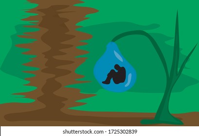 People sitting and kneeling in the water droplets from the grass.