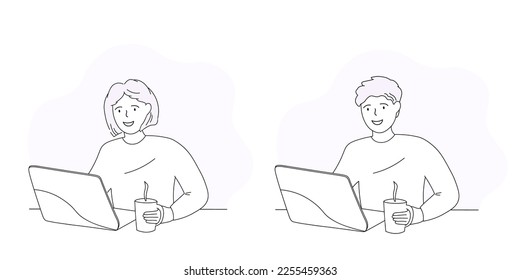 People are sitting at a laptop. A man and a woman work, study, communicate online. Vector line graphics.