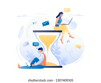 People sitting with laptop near the hourglass. Time management and procrastination. Deadline. Business Flat concept vector illustration for web banner, website, presentation