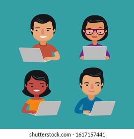 People are sitting at laptop on internet. Social network. E-learning, education vector
