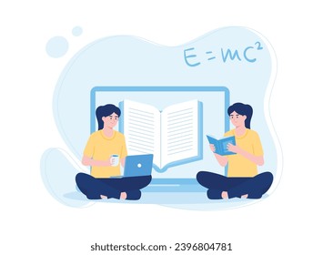 people sitting with laptops discussing math lessons trending concept flat illustration