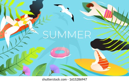 People sitting   laying surfboards paddle boards recreational relaxing contemporary background graphic design  Hand drawn illustration people the water romantic tropical paradise  