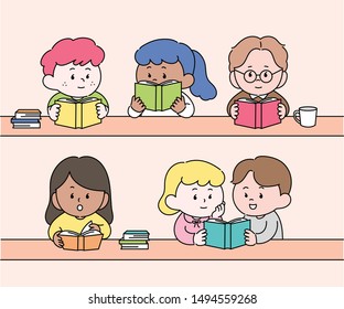 People sitting in the library and reading a book. flat design style minimal vector illustration.