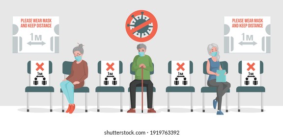 Leute, die in der Linie sitzen, halten sicher soziale Distanz Vektorgrafik flach. Männer und Frauen tragen Masken und halten Abstand zum Schutz vor Coronavirus. Aufrechterhaltung der sozialen Distanzierung, um die Ausbreitung des Virus zu verhindern.