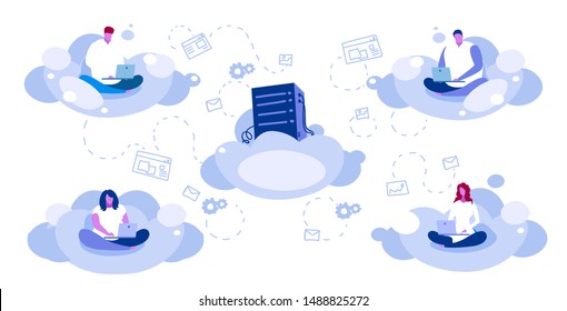 people sitting lotus pose using laptop users downloading content from data center cloud hosting server online synchronization computing technology network concept sketch full length horizontal