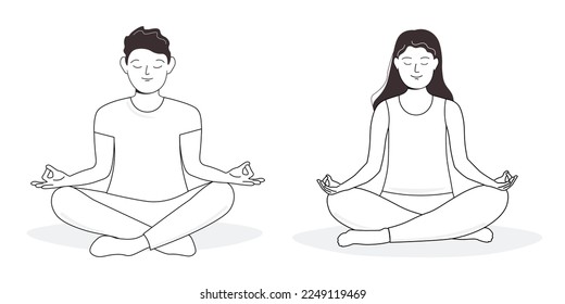 People are sitting in the lotus position.A man and a woman do yoga, meditate. Vector artline graphics.