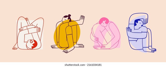 People sitting or lying in different poses. Sleeping in uncomfortable positions concept. Cute abstract characters. Hand drawn colorful modern Vector illustration. Cartoon trendy style