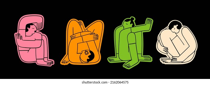 People sitting or lying in different poses. Sleeping in uncomfortable positions concept. Cute abstract characters. Hand drawn colorful modern Vector illustration. Cartoon trendy style. Bright stickers