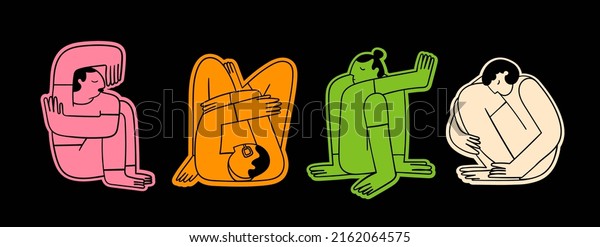People sitting or lying in different poses.\
Sleeping in uncomfortable positions concept. Cute abstract\
characters. Hand drawn colorful modern Vector illustration. Cartoon\
trendy style. Bright\
stickers