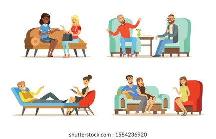 People Sitting and Lying on Couch Talking With Female Psychologist Sitting in front of Them Vector Illustrations Set