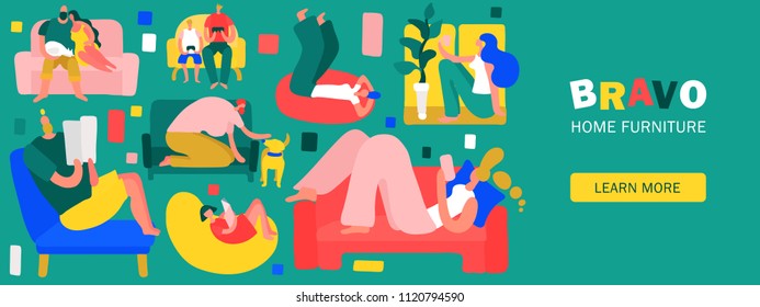 People sitting and lying on soft colorful furniture at home flat vector illustration