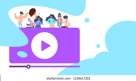 people sitting media player online video stream interface casual man woman portrait together horizontal flat vector illustration