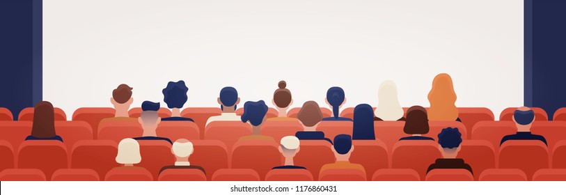 People sitting in movie theater or cinema hall and looking at projection screen. Man and women watching film or motion picture. Back view. Colorful vector illustration in flat cartoon style.