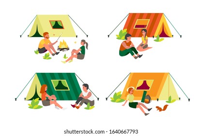 People sitting nearby a tent and at the campfire. Adventure on the nature, summer activity. Relaxation outdoor. Friends cooking food on a fire. Vector illustration in cartoon style