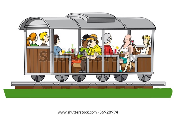 People sitting in a nice wooden van moving along\
the rails.