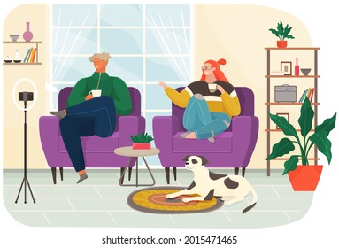 People sitting on armchairs broadcasting live, recording podcast on smartphone. Man and woman communicate, record video, online talk show. Cartoon characters and dog filming video blog in studio