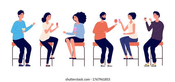 People sitting on bar stools. Friends meeting, man woman drinking cocktails wine. Isolated boy girl in bar or cafe, evening or birthday party vector illustration
