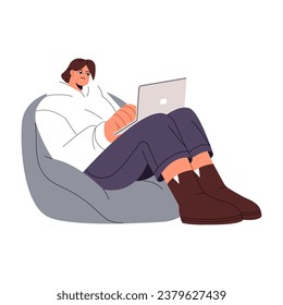 People sitting on bean bag with laptop. Woman study at home, employee work remote, girl writing, typing on computer. Freelancer rest indoor. Online business. Flat isolated vector illustration on white