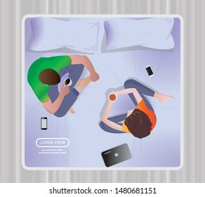 People Are Sitting On The Bed Drinking Coffee And Talking. Flat Top View Of Woman And Man Relaxing At Home.Couple On Bed.Vector Illustration