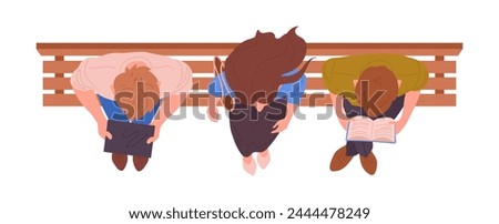 People sitting on bench. Characters view from above on wooden bench, men and woman reading or working with gadgets top view flat vector illustration. Cartoon sitting people top view