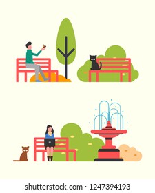 People sitting on bench in city park, autumn season. Vector man and bird, woman working with laptop, cat on wooden seat, fountain and trees, color bushes