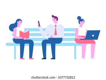 People sitting on the bench with gadgets and book. Flat vector illustration isolated on white.