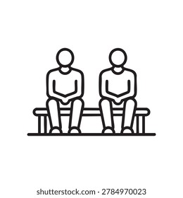 People sitting on a bench represent a simple line art icon representing friendship and community interaction in a public park setting.