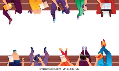 People sitting on bench vector illustration of university girls and boys with bags, laptops or smartphones and books. Legs top view on white background for back to school design