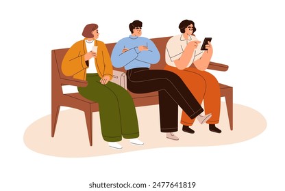 People sitting on bench, waiting in queue. Diverse characters group expecting. Man sleeping, women with mobile phone and coupon, ticket. Flat vector illustration isolated on white background