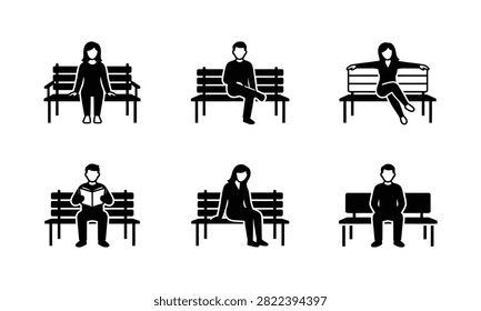 People sitting on benches, various postures and activities, individuals relaxing outdoors, park furniture.