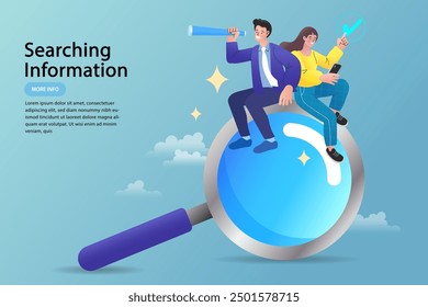 People sitting on a big magnifying glass. Characters with a telescope looking for something. topic of searching for information from various sources. Data analysis. Vector illustration.