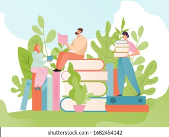 People Sitting On Book And Reading. Men And Women Discussing A Book, Magazine, History, Fiction, Story. Colorful Creative Reader Club Banner, Poster On Background. Cartoon Style. Vector Illustration.