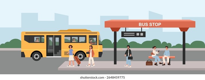 People sitting on bus station bench. People at bus station. Bus stop at station. People travelling by bus. 
