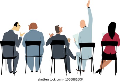 People sitting on a business meeting or presentation, view from the rear, EPS 8 vector illustration