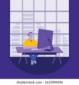 people sitting on the chair and working with computer. illustration of man working at office.