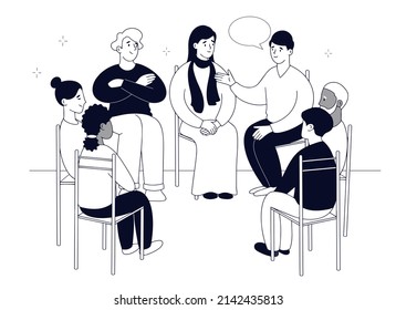 People are sitting on chairs. Concept of Addiction Treatment in Group Therapy. Vector illustration